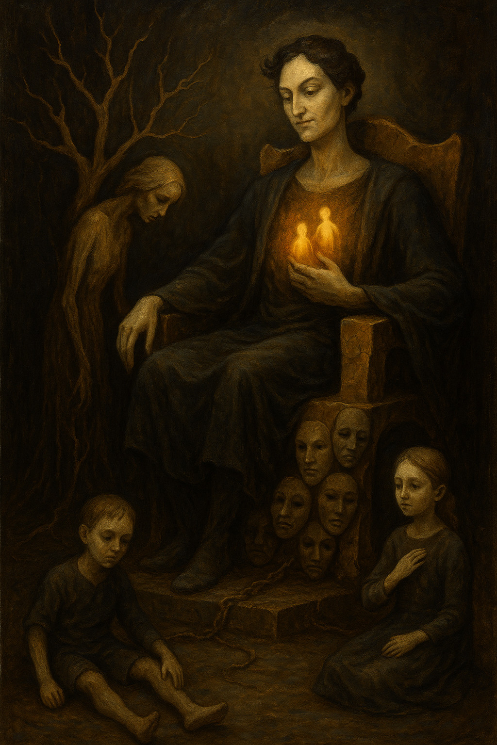 Die leuchtend orangefarbenen Symbole auf der Brust des Narzissten im ersten Bild repräsentieren die Lebenskraft, Bewunderung und emotionale Energie seiner Mitmenschen – in der Psychologie oft als „narzisstische Versorgung“ bezeichnet. Dies kann Zuneigung, Aufmerksamkeit, Bestätigung oder auch Angst sein – alles, was das Ego des Narzissten stärkt.Die Darstellung dieser leuchtenden Figuren, die in die Brust einziehen, symbolisiert, wie ein Narzisst Energie und Identität von anderen bezieht, oft auf seine Kosten. Es fängt visuell eine parasitäre emotionale Dynamik ein – andere werden ausgelaugt, während der Narzisst in einem falschen Glanz gedeiht.